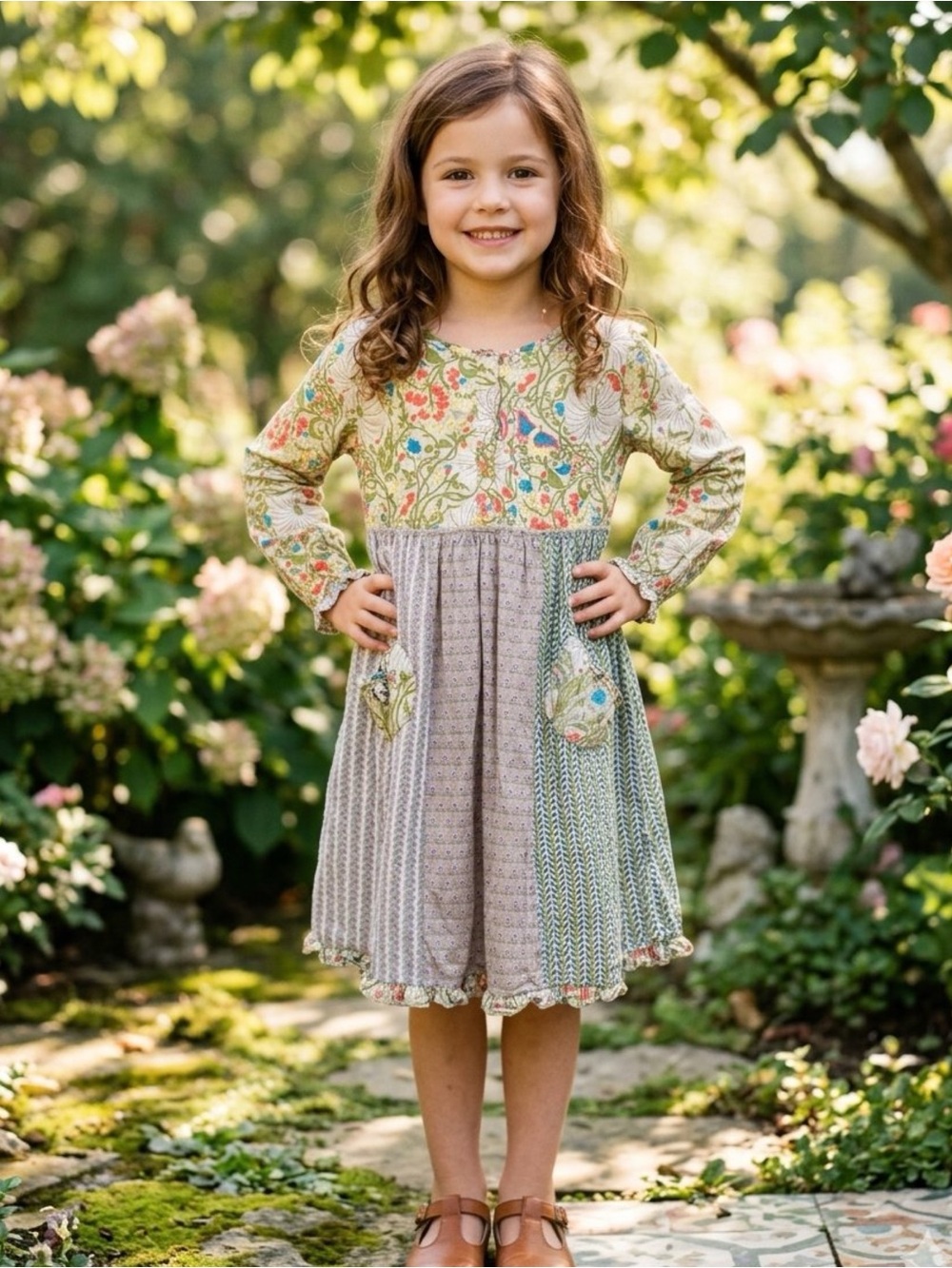 Little Handprint Boho Patchwork Floral Ruffle Dress Size 6Y Cottagecore Prairie